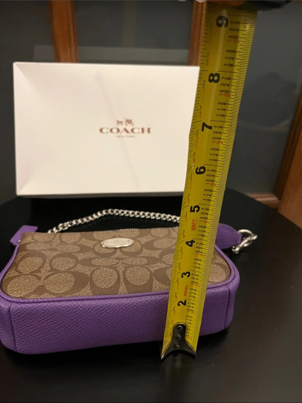 Coach Brown Signature Canvas Wristlet with Purple Trim